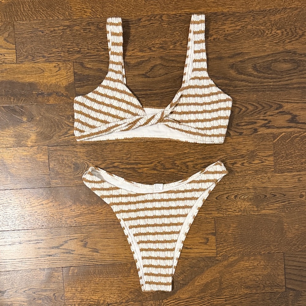 Commense White and Brown Striped Smocked Bikini Set